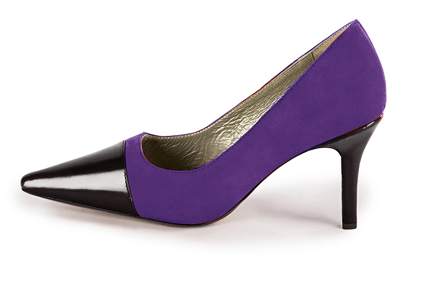 Gloss black and violet purple women's dress pumps,with a square neckline. Pointed toe. High slim heel. Profile view - Florence KOOIJMAN